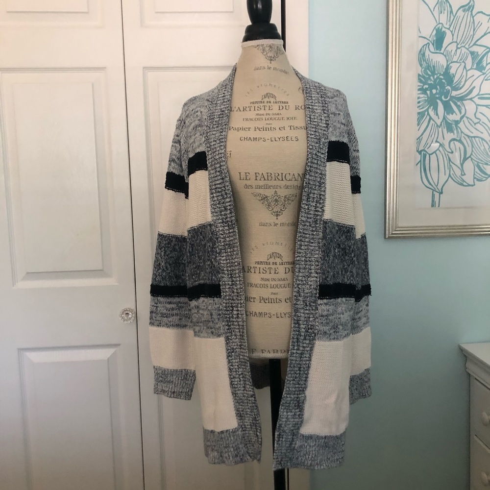 LOFT Navy / White Chunky Knit Striped Cardigan